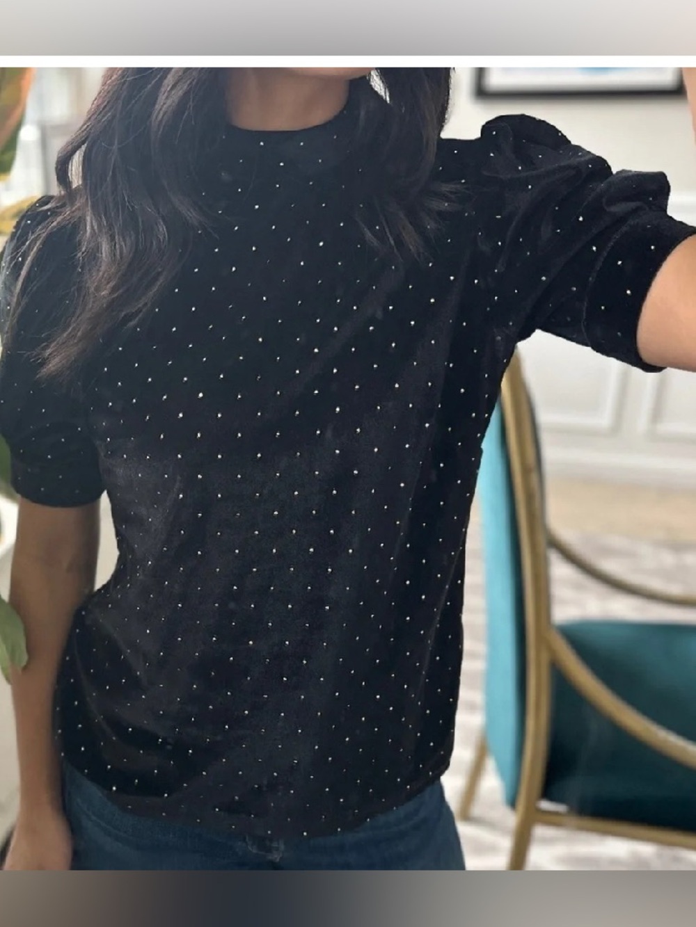 Nanette Lepore Black Velvet Short-Sleeve Top with Gold Stud Accents, size Medium